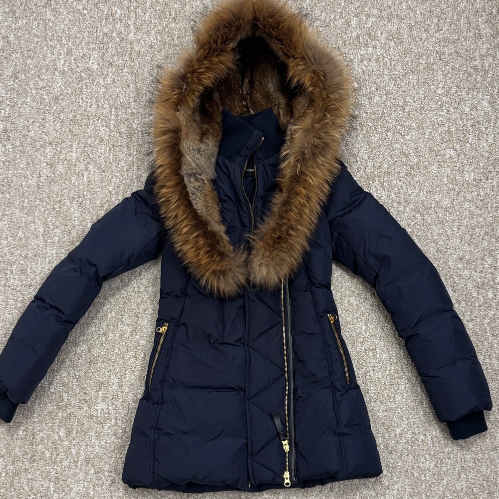 Mackage Navy Puffer Coat with Fur Trim